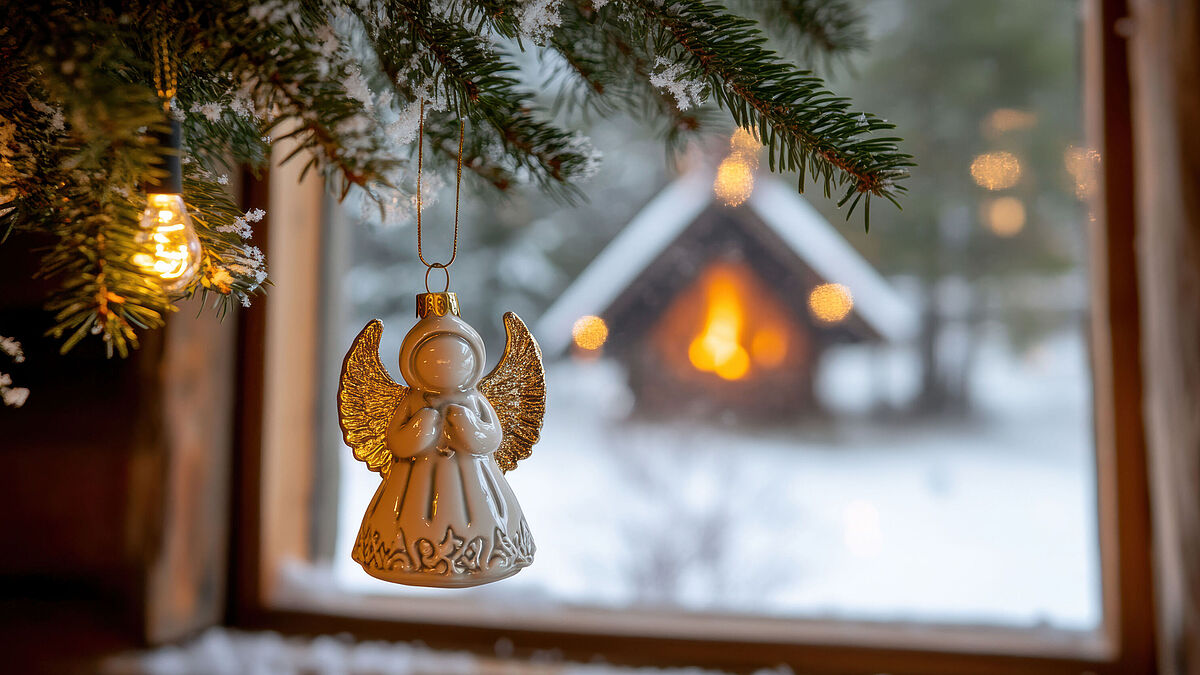 Ein Weihnachtsengel aus Ton hängt im Fesnter mit Tannenzweigen. Vor dem Fenster ist ein verschneiter Garten mit einer Hütte, die im warem Licht erstrahlt.